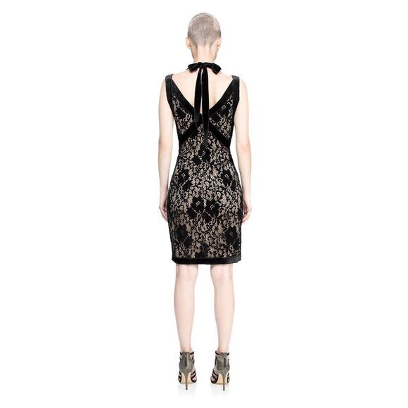 NWT Tadashi Shoji Coco Dress Velvet Lace Black Nude Halter Sheath Sz 0 - Picture 2 of 12